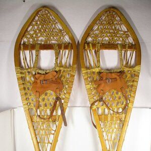 Vtg Gros Louis Indian Made Wood & Rawhide Snowshoes  12" x 42" Snow Shoes Leath